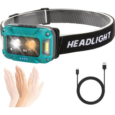 Linterna frontal LED recargable de 500 lúmenes - Mini resistente al agua IP67 con 6 modos de luz, sensor y luz roja para acampar y pescar [Clase energética A+++] (1/5)