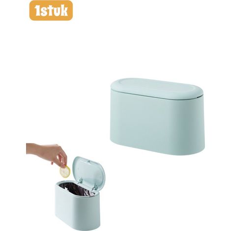 pièce - Mini poubelle - Poubelle de bureau à rabat - Design double couche - Corbeille à papier à couvercle à ressort - Bac de rangement minimaliste brillant - Pour le bureau et la maison - Bleu clair (1/5)