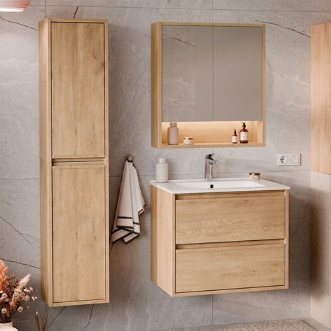 Conjunto mueble lavabo simple empotrado 60cm columna y armario espejo Edmé Bois (1/4)