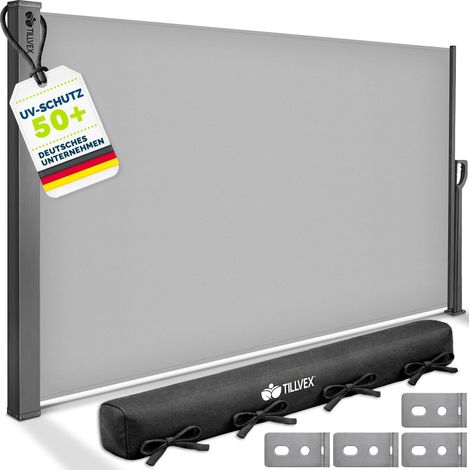 tillvex® Seitenmarkise 180x400 cm Grau ausziehbar & Blickdicht Sichtschutz für Balkon, Garten & Terrasse Seitenrollo mit Wandhalterung Sonnenschutz aus rostfreiem Stahl Markise Windschutz