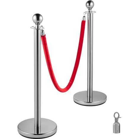 Lot de 4 Poteaux de File d'Attente Rétractables Argentés avec Corde de Velours Rouge 1,5m (1/5)