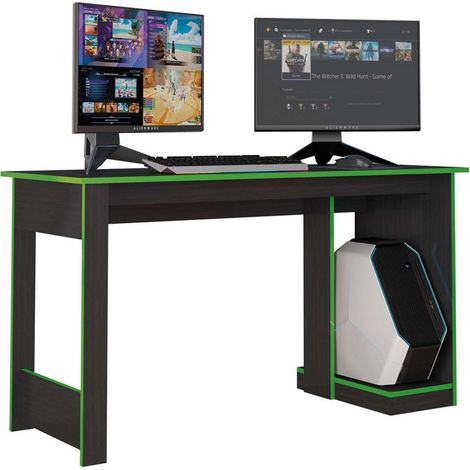 Beaux Meubles Pas Chers – Bureau gamer noir avec chants verts – Dimensions L 136 x H 75 x P 54 cm – Bois certifié FSC – 1 caisson UC ouvert