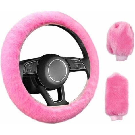 3 Pièces Couverture de Volant de Voiture Anti-Dérapant Élastique Housse de Volant Universelle de Voiture en Peluche Rose avec Housse Frein à Main et Boîte Vitesses (38cm)
