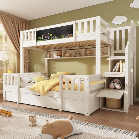 Lit superposé 90 x200 / 140 x 200 cm blanc bois massif tableau escalier rangement tiroirs, armoire échelle EN747 sans matelas (1/5)