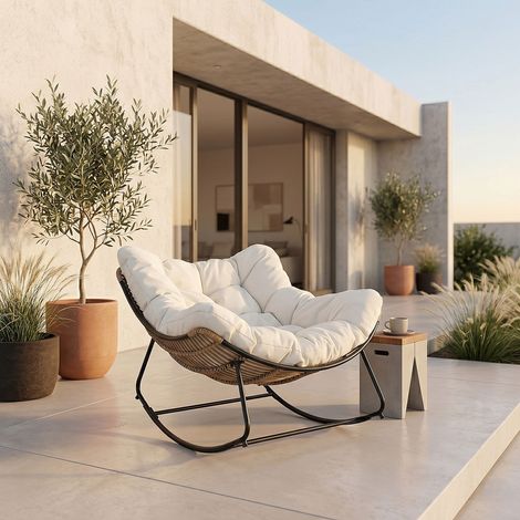 Fauteuil à Bascule - HOME DECO FACTORY - Tulum - Coussin - Beige et Marron (1/5)