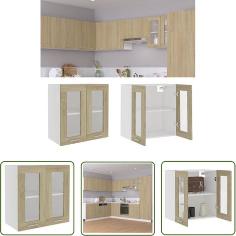 The Living Store Armoire en verre suspendue Chêne sonoma Bois d'ingénierie - Armoire De Cuisine - Meuble Suspendu - Rangement Cuisine - Armoire Vitrée - Étagère Ouverte (1/5)