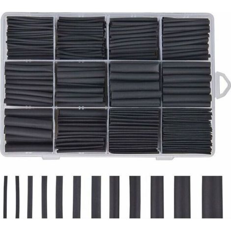 Gaine Thermoretractable - Noir - 625 Pièces - Assortiment de 8 Diamètres - 1 à 10 mm (1/5)