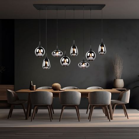 Pendelleuchte Esstischlampe schwarz Hängeleuchte Wohnzimmerleuchte Esszimmerlampe Glas chrom bedampft, unterschiedliche Lampenschirme, 8x E14, LxH 115x150 cm
