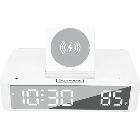 10W Réveil numérique à levage par bouton miroir LED horloge électronique avec charge par induction 10W pour chambre bureau maison EN001 Blanc (1/5)