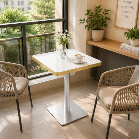 Quadratischer Esstisch 60 x 60 cm, UV-Marmoroptikplatte, weißes Metall, OKWISH (1/5)