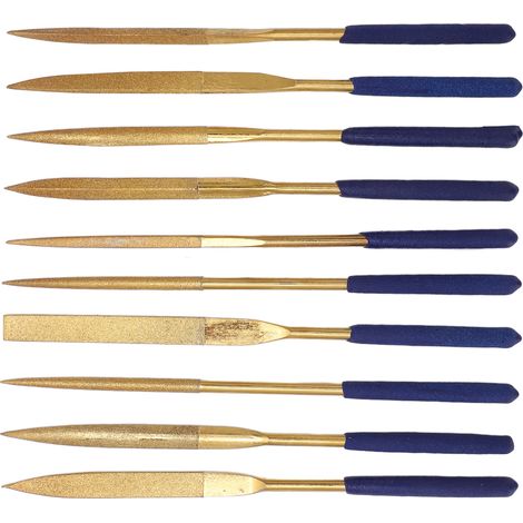 10-teiliges Nadelfeilenset, blaue und goldene Diamantfeilen, korrosionsbeständig, für Metall, Glas und Stein. (1/5)