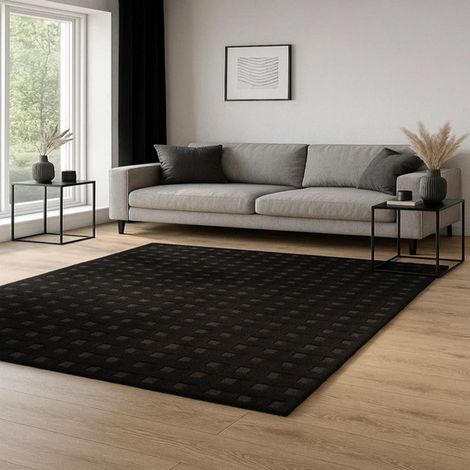 Tapis en laine AstroAura - Tapis en laine - 150x90cm, Rectangular - 100% Laine vierge - Tufté main - Noir (1/5)