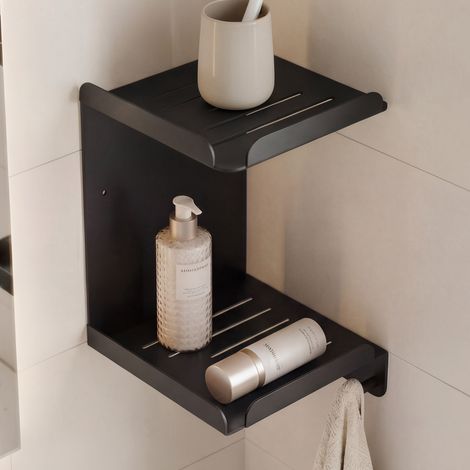Mai & Mai Mensola Doccia Angolare in Acciaio al Carbonio, Antiruggine, Mensola Bagno da Appendere Adesiva o con Foratura per Shampoo Sapone Bagnoschiuma, Nero, Reglo-14