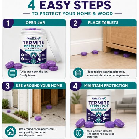 Les comprimés anti-termites KineShineX (comprimés violets) sont des produits de protection du bois pour le contrôle de l'humidité dans la maison. (1/4)