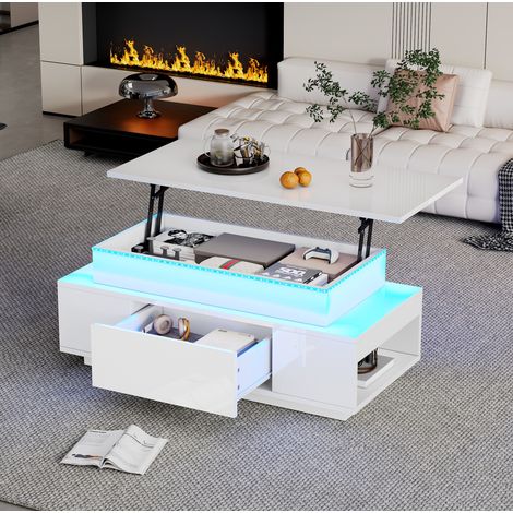 Tavolo da caffè in pannello truciolare 96 x 45 x 40 cm bianco, sollevabile con contenitore e LED (1/5)