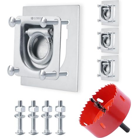 Lot de 4 œillets d'arrimage pour remorque avec Contre-plaques - avec scie Cloche - 800 daN - pour remorque - Sécurité de Charge de Voiture (1/5)