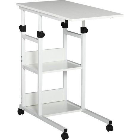 Beistelltisch Mit Rollen Höhenverstellbarer Couchtisch, 2 Regale, E1 Spanplatte, Weiß, 80X40X72-82 Cm