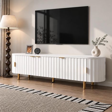 Meuble TV, Banc TV moderne pour salon avec façade cannelée et côtés arrondis, 5 portes en MDF et pieds en métal, 170x40x47 cm, Blanc et Or (1/5)