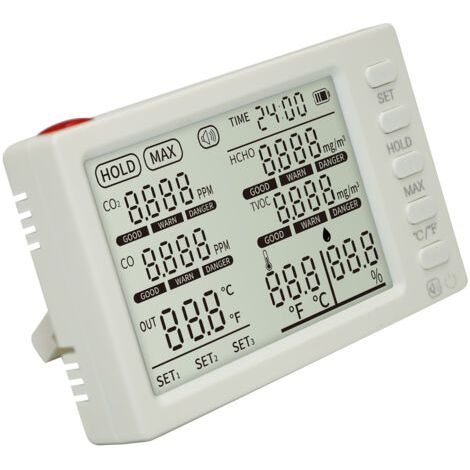 Moniteur de qualité de l’air intérieur 8 en 1, détecteur portable CO₂, HCHO, TVOC, CO, température, humidité, sonde de température externe, date, heure, testeur pour bureau, école, voiture,de dyk.Tryw (1/4)