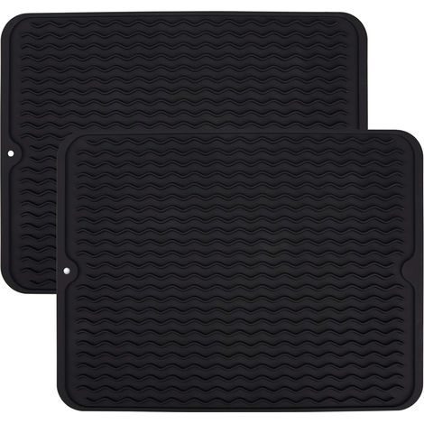 2 Pack Silicone Dish Drying Mat 40 x 30cm Dish Drainer Tray Dish Drainer Rack Heat Resistant Non-Slip for Kitchen Countertop Black