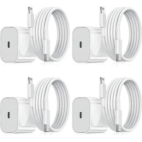 Lot de 4 chargeurs pour iPhone - Chargeur rapide - Adaptateur + câble de 2 m 20 W Lightning Blanc (1/5)