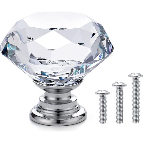 20 x Glass Furniture Handles & Knobs - Cabinet & Cupboard Door Knobs - Drawer Pulls - Clear Diamond Crystal + Silver Base - 30 x 28mm (1/5)