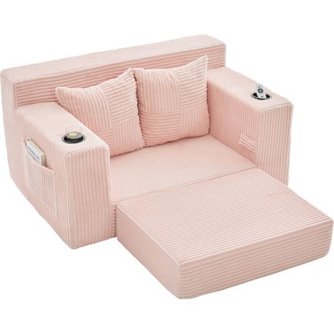 Sofá cama doble moderno de pana rosa con 2 cojines, portavasos y bolsillos laterales MODENUIT (1/5)
