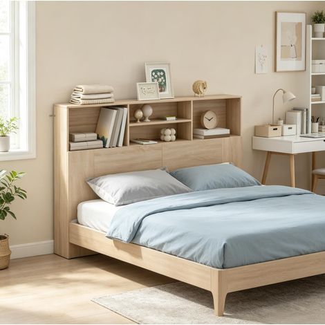 Tête de lit 140 cm avec 4 niches ouvertes, finition naturelle, OKWISH (1/5)