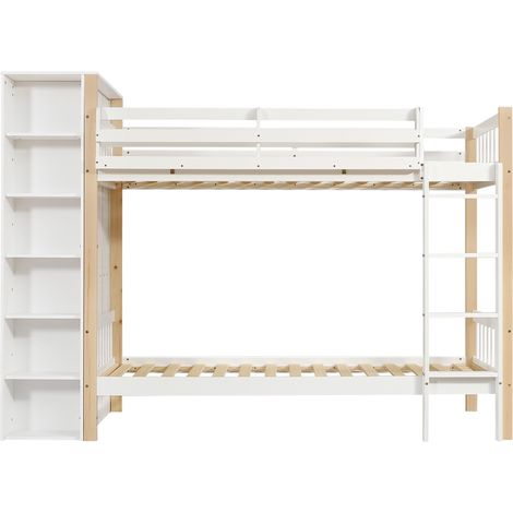 Letto a castello per bambini 90x200 cm con sponde, scala, ripiani e armadio bianco legno (1/5)