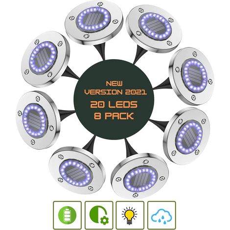 Lot de 8 lampes solaires d'extérieur avec 20 LED, projecteur solaire pour éclairage de jardin, terrasse, pelouse, escalier ou autre. (1/5)