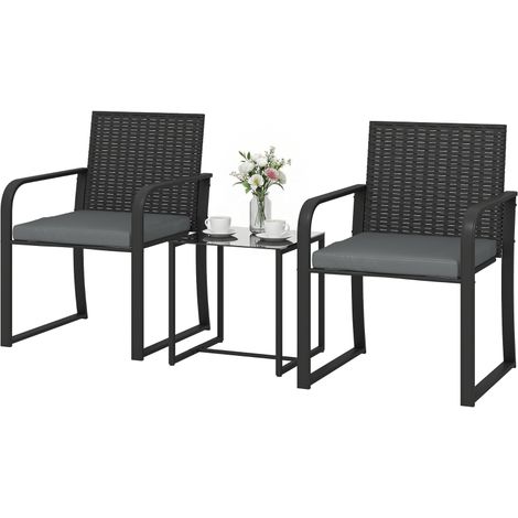 Salon de Jardin en Rotin Synthétique, 2 Chaises avec Coussins, Table avec Plateau en Verre, Gris (1/5)