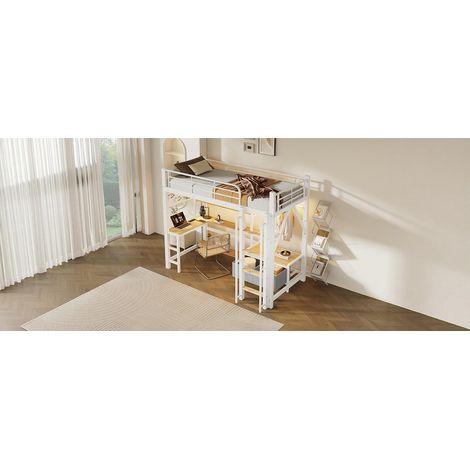 Lit surélevé, 90 x 200 cm, cadre en fer, panneau perforé, plusieurs étagères, tiroirs en tissu, bureau, avec port USB, garde-corps de sécurité, barre de suspension, avec barre LED, sans matelas, blanc (1/5)