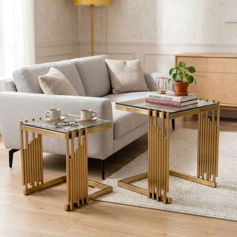 Tables appoint dorées – Lot 2 – Carrées – Verre trempé – Pieds inox doré – Canapé/Chambre/Balcon (1/5)