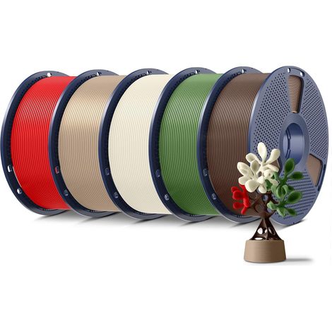 5KG PLA+ Filament 1.75mm, Neatly Wound, Filament pour Imprimante 3D, Filament PLA Plus Résistant, 1kg par Bobine, 5 Rouleaux, Blanc Os+Bois (Chêne)+Brun Café+Vert Olive+Rouge (1/5)