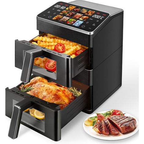 Air Fryer Double Stack - Friteuse Sans Huile 2 Compartiments Verticale - Capacité 5,7+5,7L, 12 Programmes de Cuisson - Noir