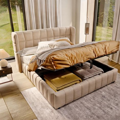 Cadre de lit beige en tissu 213 x 188 x 101 cm (1/5)