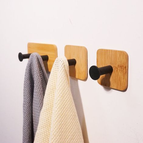 Set di 3 ganci autoadesivi (neri), ganci in bambù, ganci riutilizzabili senza cuciture, ganci adesivi molto resistenti, ganci per camera da letto, cucina, bagno. (1/4)