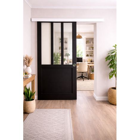 Porte Coulissante Atelier Noir H204 X L93 + Rail Alu Bandeau Blanc Et 2 Coquilles