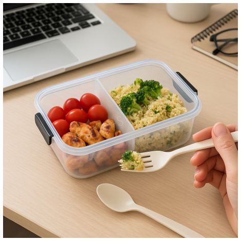 Boîte Repas Plastique 1L Sans BPA – 2 Compartiments + Couverts Micro-ondes & Lave-vaisselle (1/5)