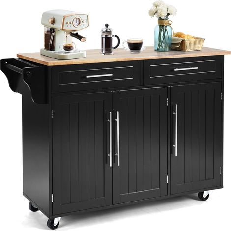 COSTWAY Küchenwagen auf Rollen, Servierwagen Küche, Küchentrolley mit Schubladen, Beistellwagen Kücheninsel Buffetschrank Holz, Küchenschrank mit Arbeitsplatte (Schwarz) (1/5)