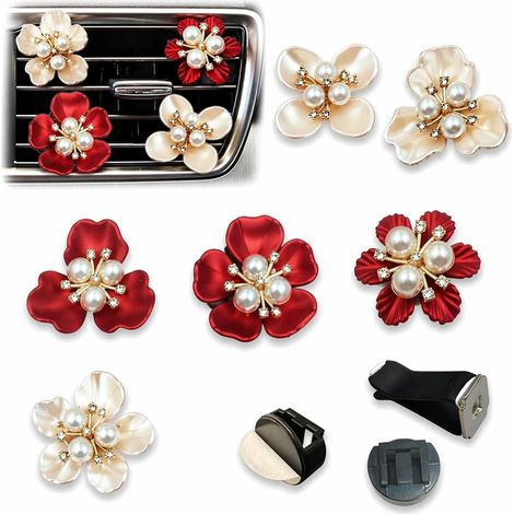 6 Pièces Clip Aération Fleur, Désodorisant Voiture Deco, Diffuseur de Parfum pour Voiture, Maison, Bureau, Blanc et Rouge (1/5)