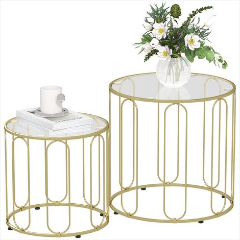 Table basse gigogne ronde design à structure géométrique, métal doré et verre, lot de 2 (1/5)
