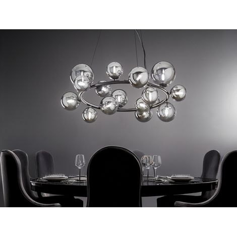 Große LED Pendelleuchte 16-flammig Schwarz-Glaskugeln Rauchglas, Ø 82cm