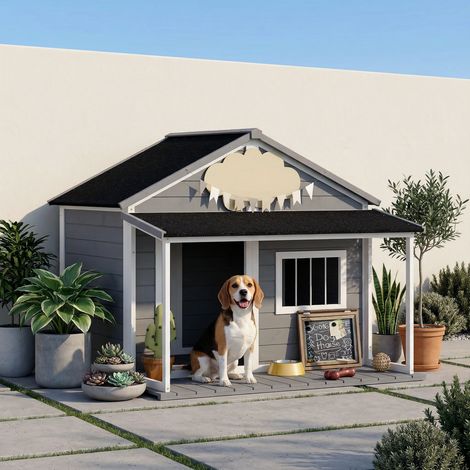 Niche d'extérieur pour chien avec terrasse et toit en bitume, en bois, 124 x 112 x 105 cm, grise (1/5)