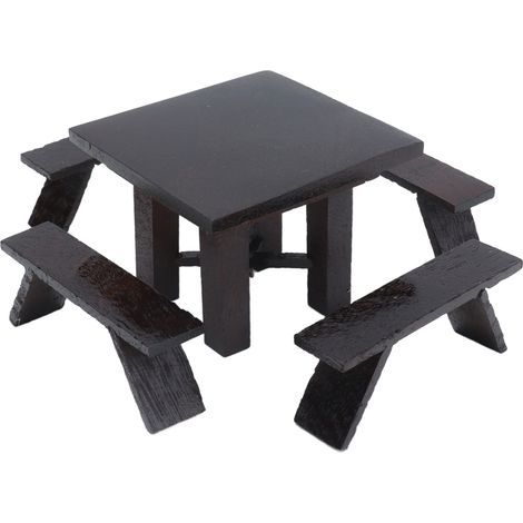 Table miniature noire avec banc en bois et banc, à l'échelle 1:12. Meuble de salle à manger décoratif pour maison de poupée. (1/5)