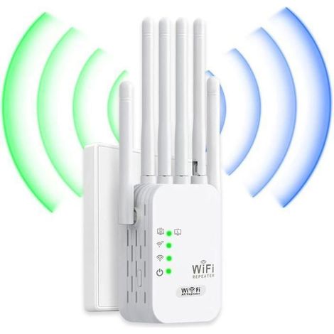 1x Répéteur WiFi AC1200, 6 antennes externes, 2 ports LAN, répéteur signal WiFi pour maison, appartement et bureaux