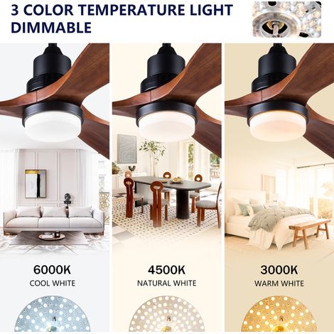 Ventilateur plafonnier 132 cm (52'') lumineux, télécommande, gradation, pales bois véritable, mémorisation, moteur DC silencieux, finition noyer moderne, parfait pour salon ou déco rustique. (1/5)