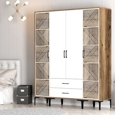 Großer Gavello Kleiderschrank, Schlafzimmer Schrank 6 Regale, 2 Schubladen, Kleiderstange, 160x201h cm Weiß (1/5)