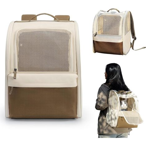 Sac à Dos, Sac à Dos pour Animal Chat Charge Maximale 7.5kg, Sac Transport Chat, Sac à Dos Chats Respirant Oxford 600D Transportable et Pliable Filet Respirant pour Voyage Camping(Beige-Marron) (1/5)