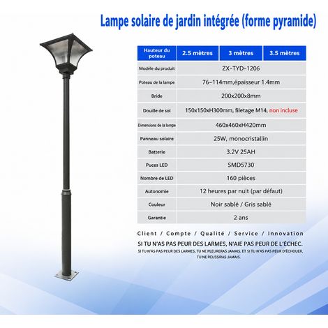Lampadaire solaire d'extérieur modèle B hauteur 3,5 m IP65 en acier galvanisé 3.5 25 kg – Livraison gratuite